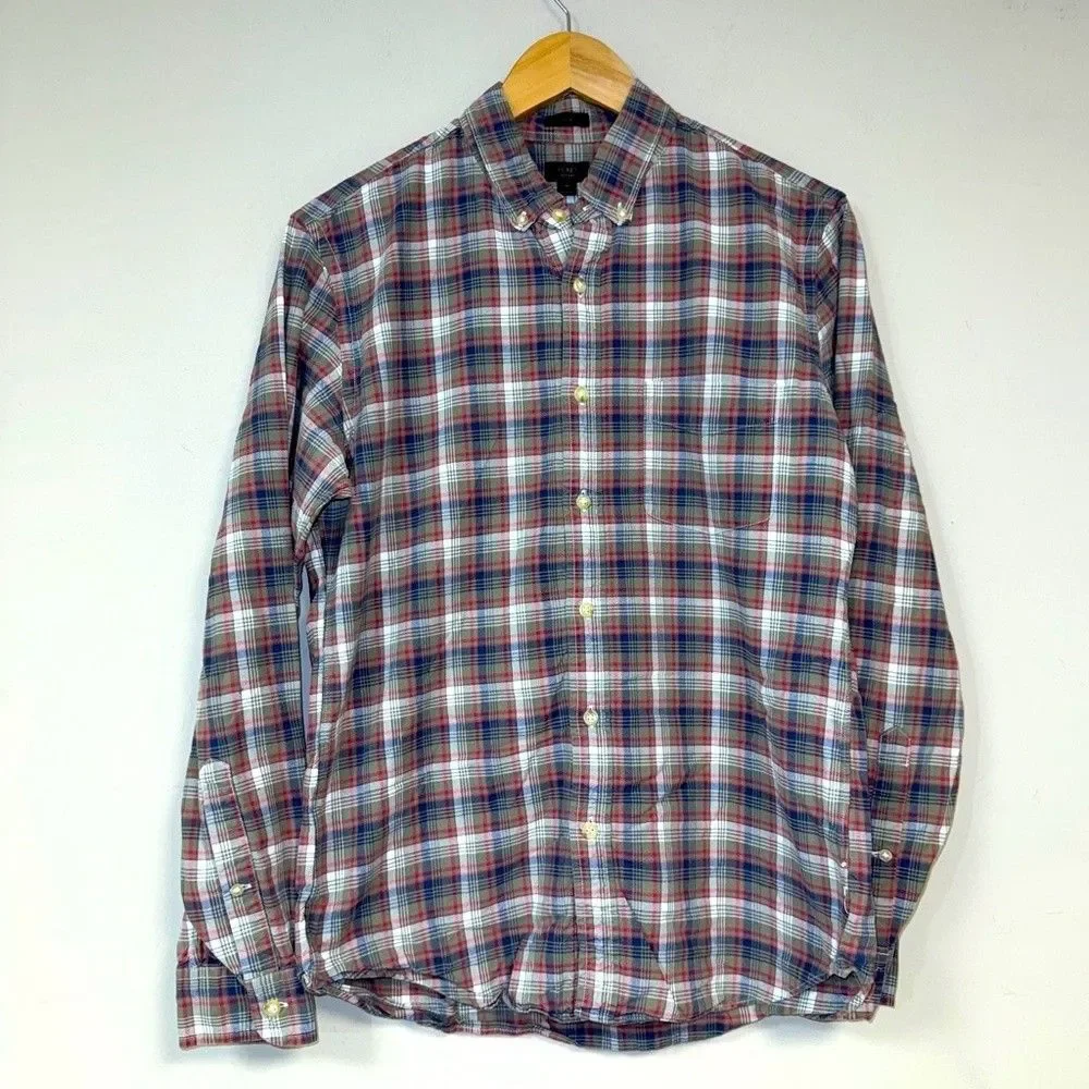 J CREW Plaid Button Down Shirt Mens Medium Organic Cotton Oxford Slim Fit Preppy
